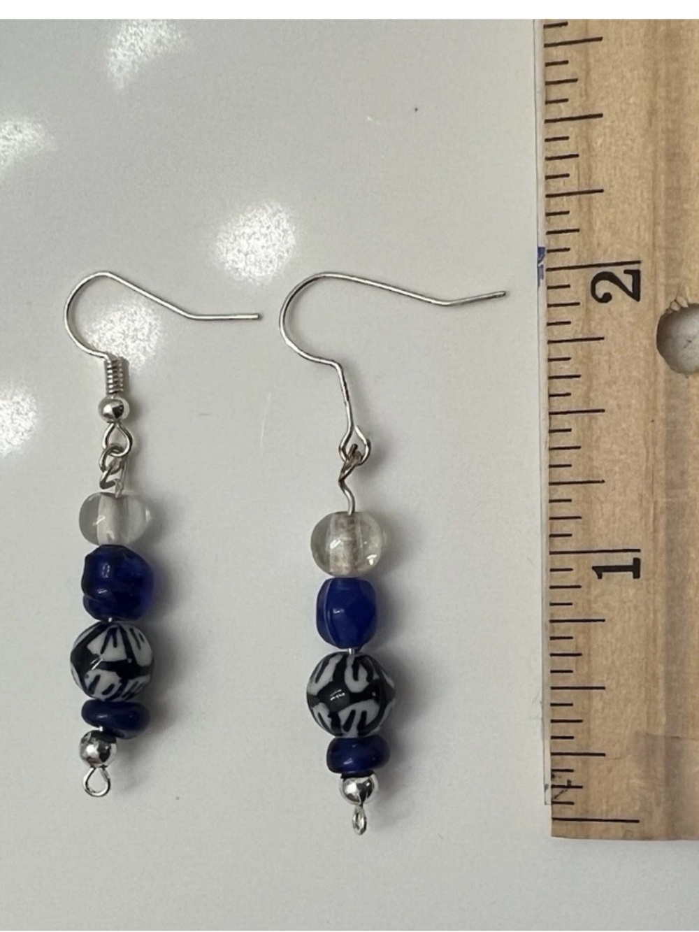 Blue, White, Clear Beaded Dangle Earrings Bohemian Hook**read
